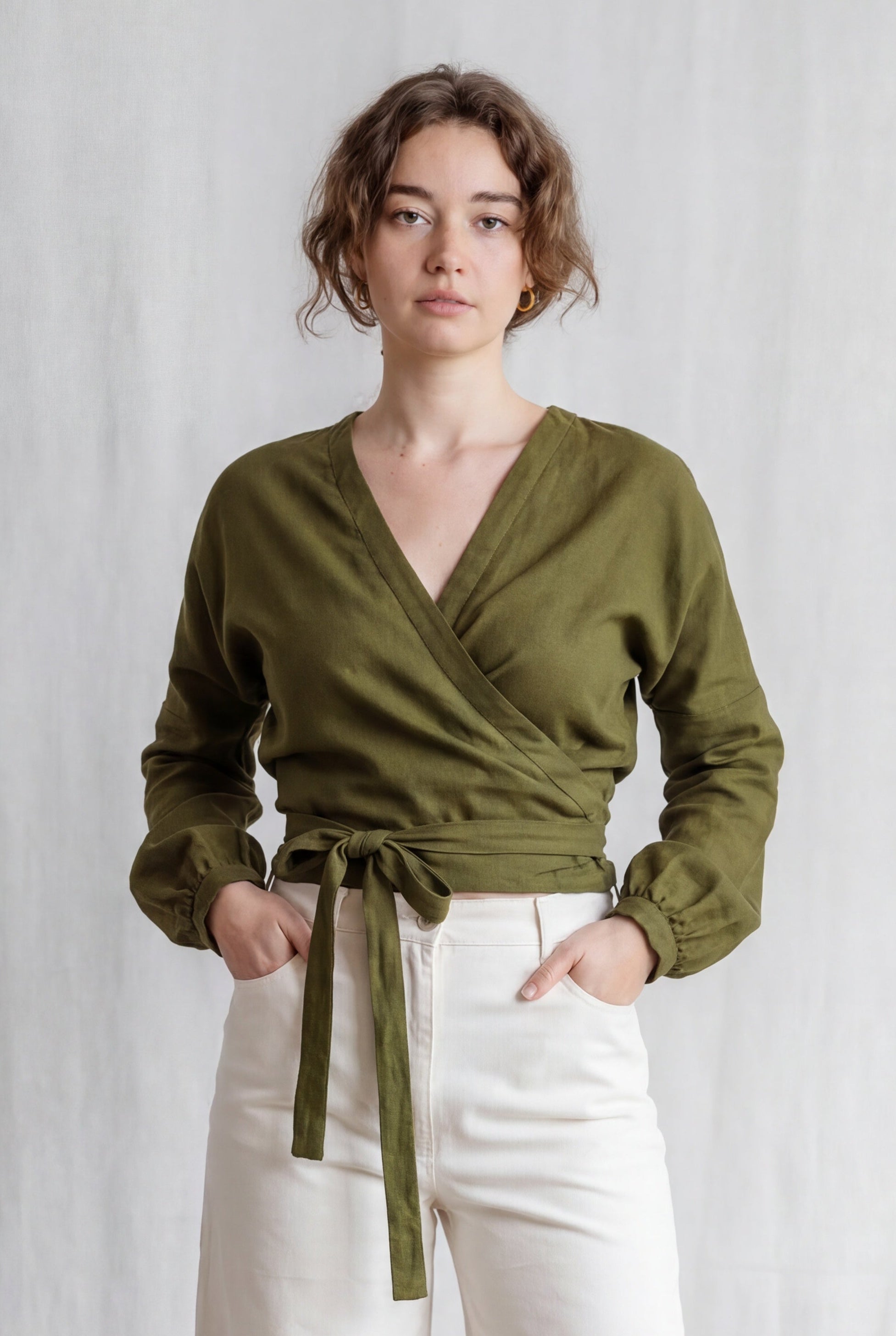 Baumwoll Wickelbluse Harita Moosgrün