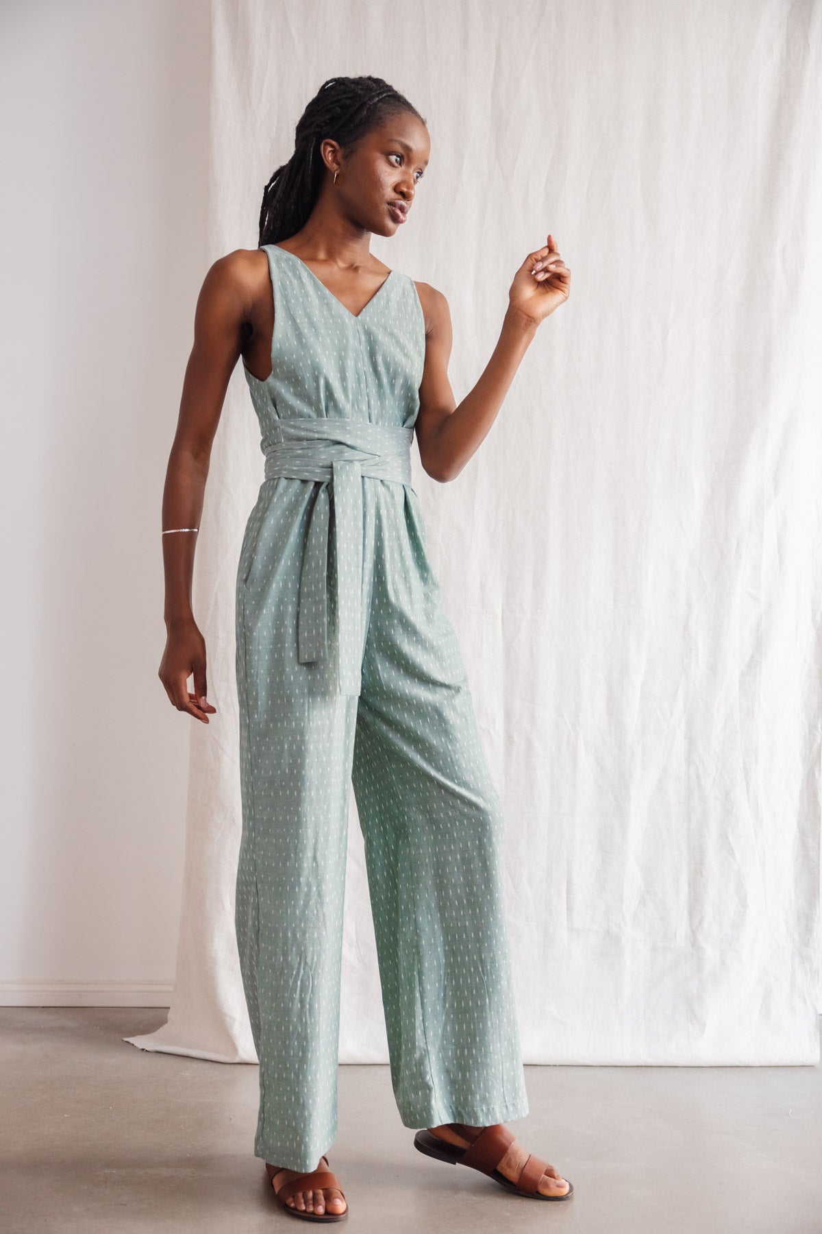 Organic Cotton Jumpsuit Parvani Ikat Sage
