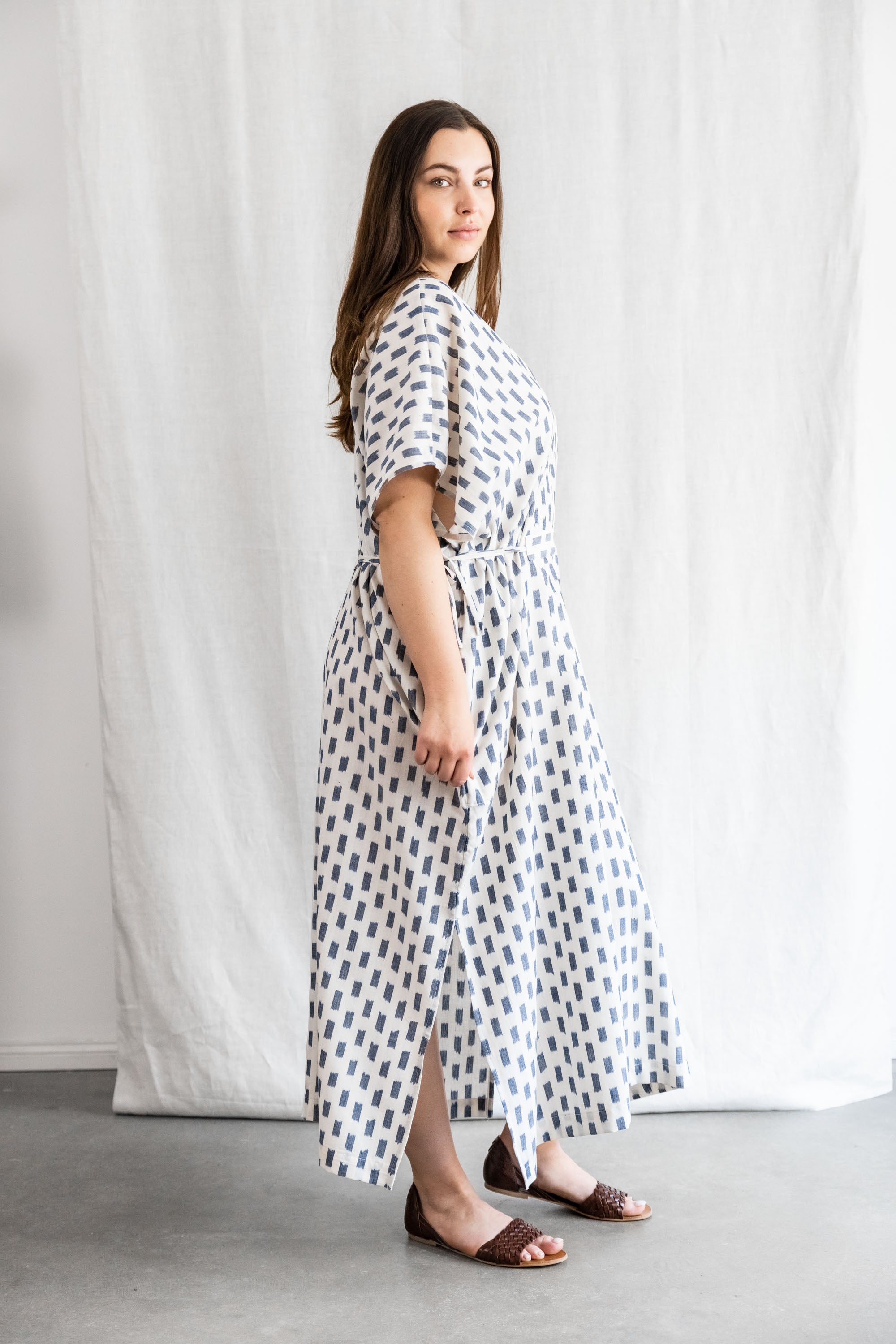 Organic Cotton Kaftan Dress Rishi Ikat White