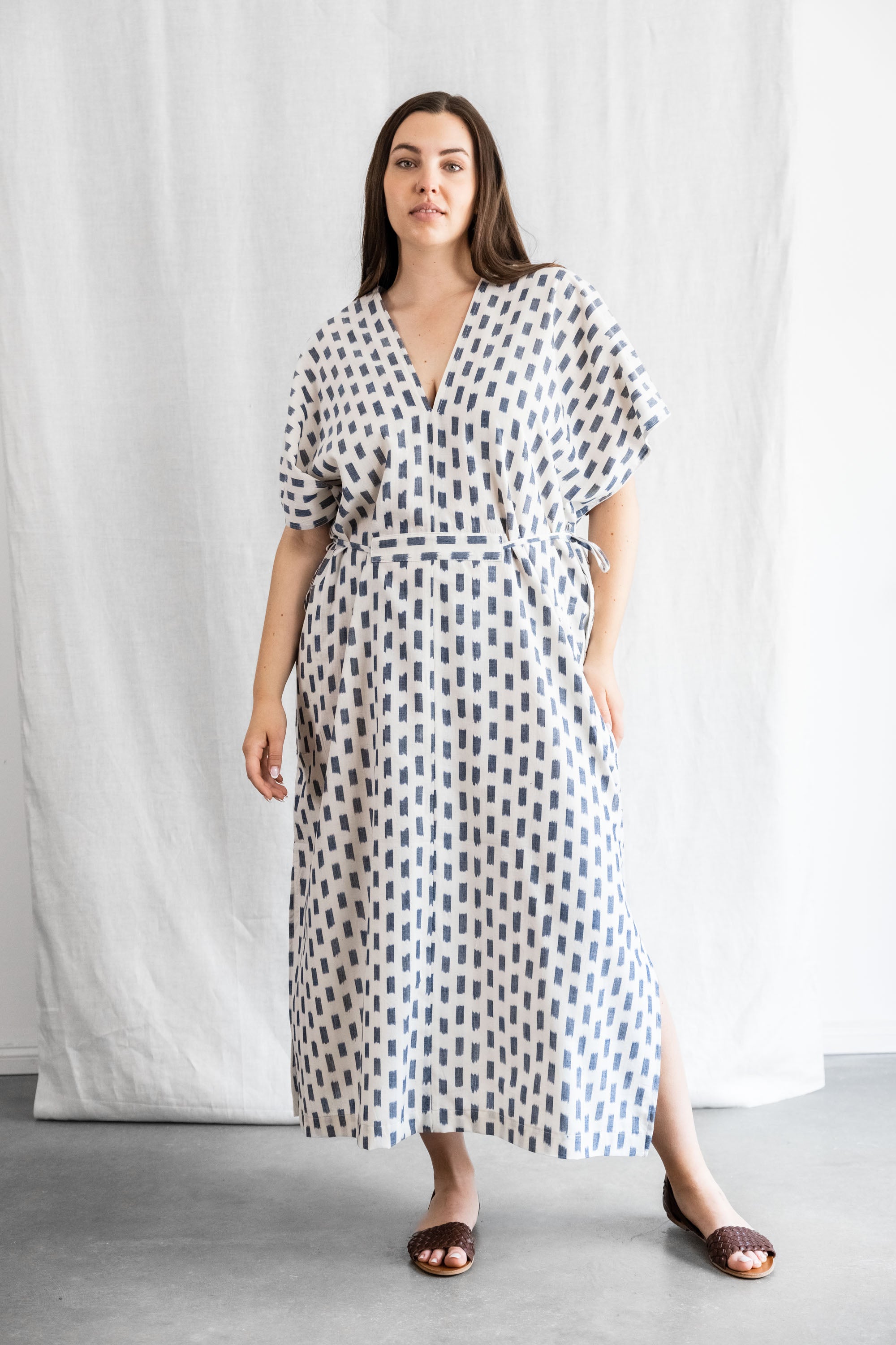 Organic Cotton Kaftan Dress Rishi Ikat White - Main Image