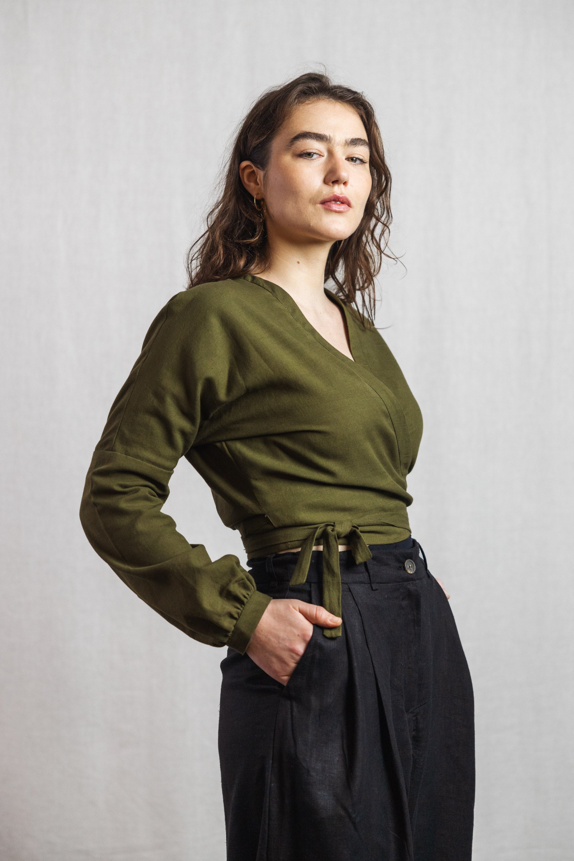 Cotton wrap blouse Harita moss green