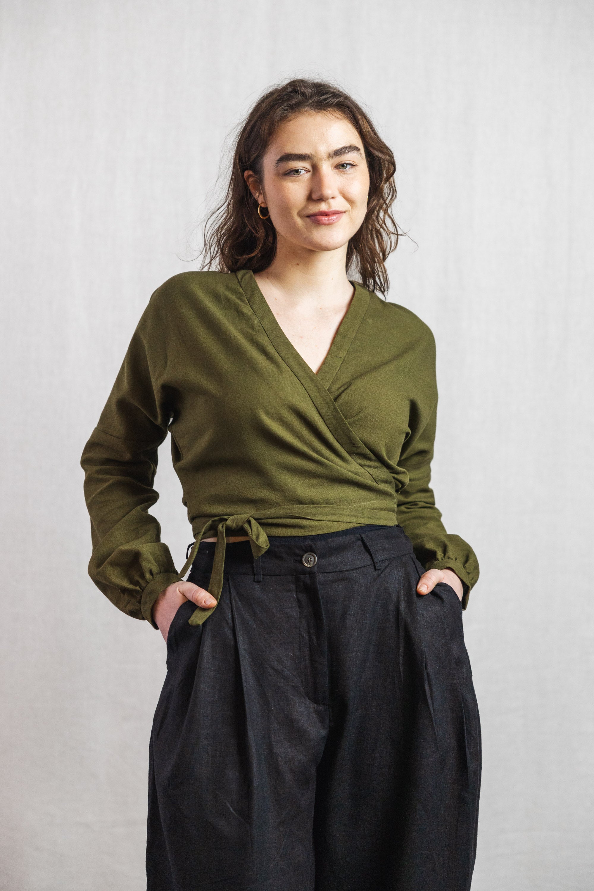 Cotton wrap blouse Harita moss green