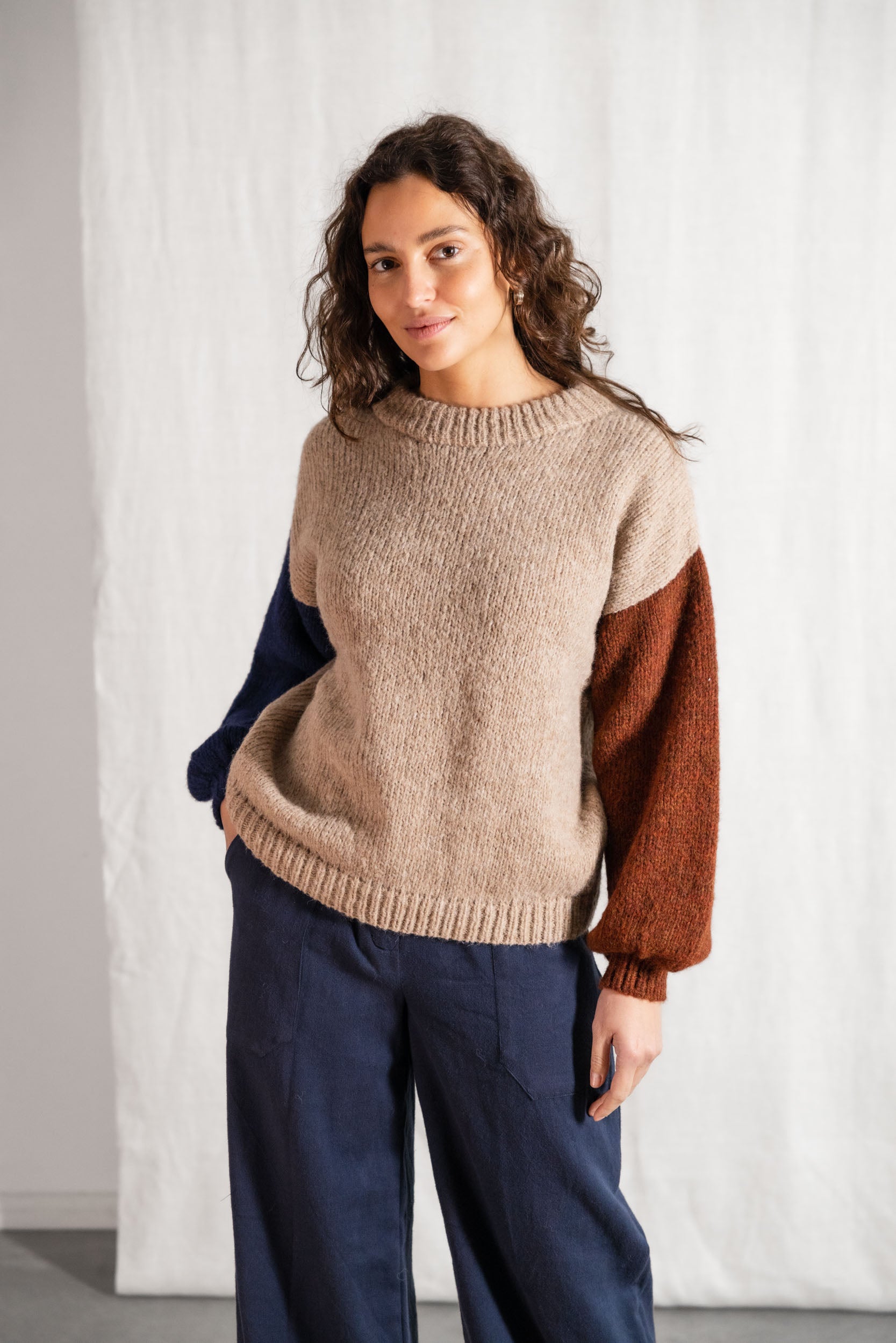Baby-Alpaka Strickpullover Lupuna Colorblock Sand