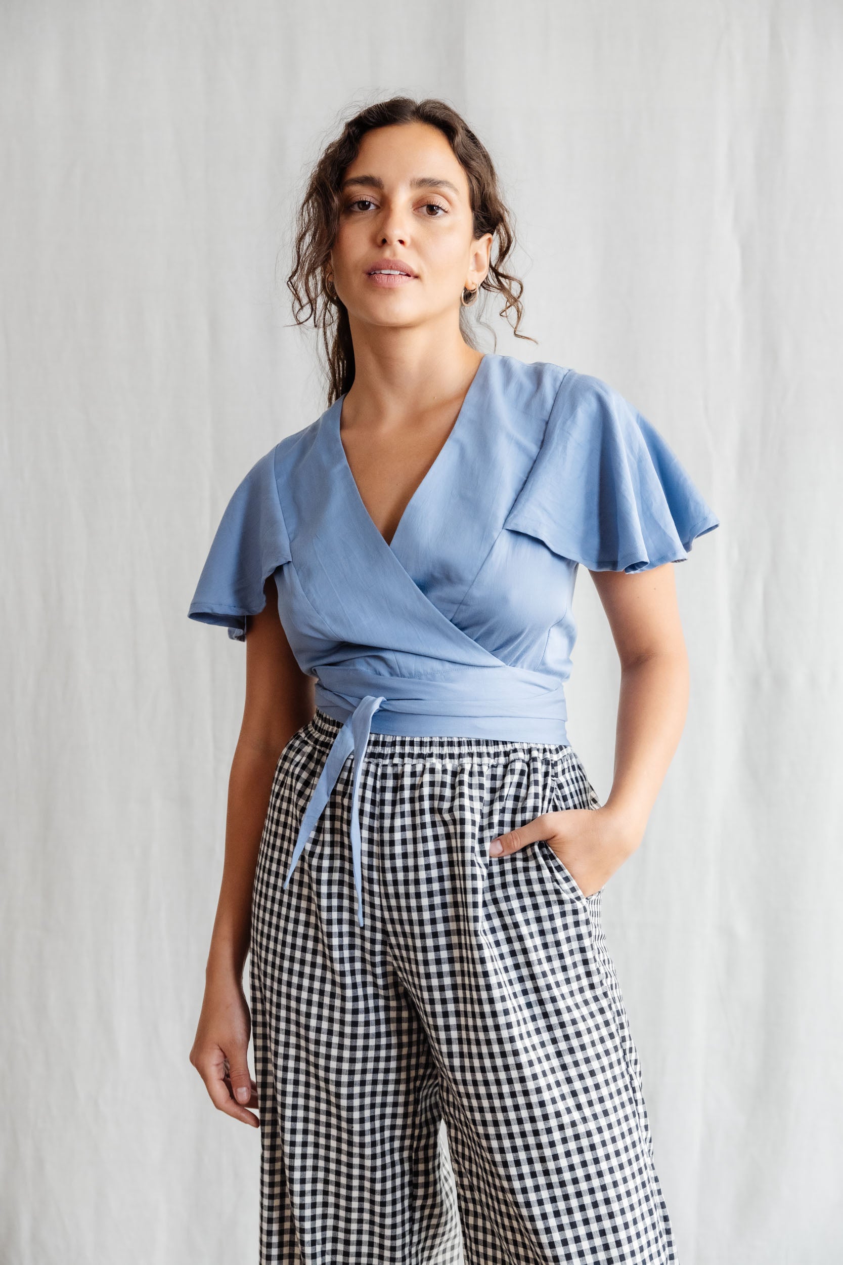 Organic Cotton Wrap Blouse Neeraj Satin Blue