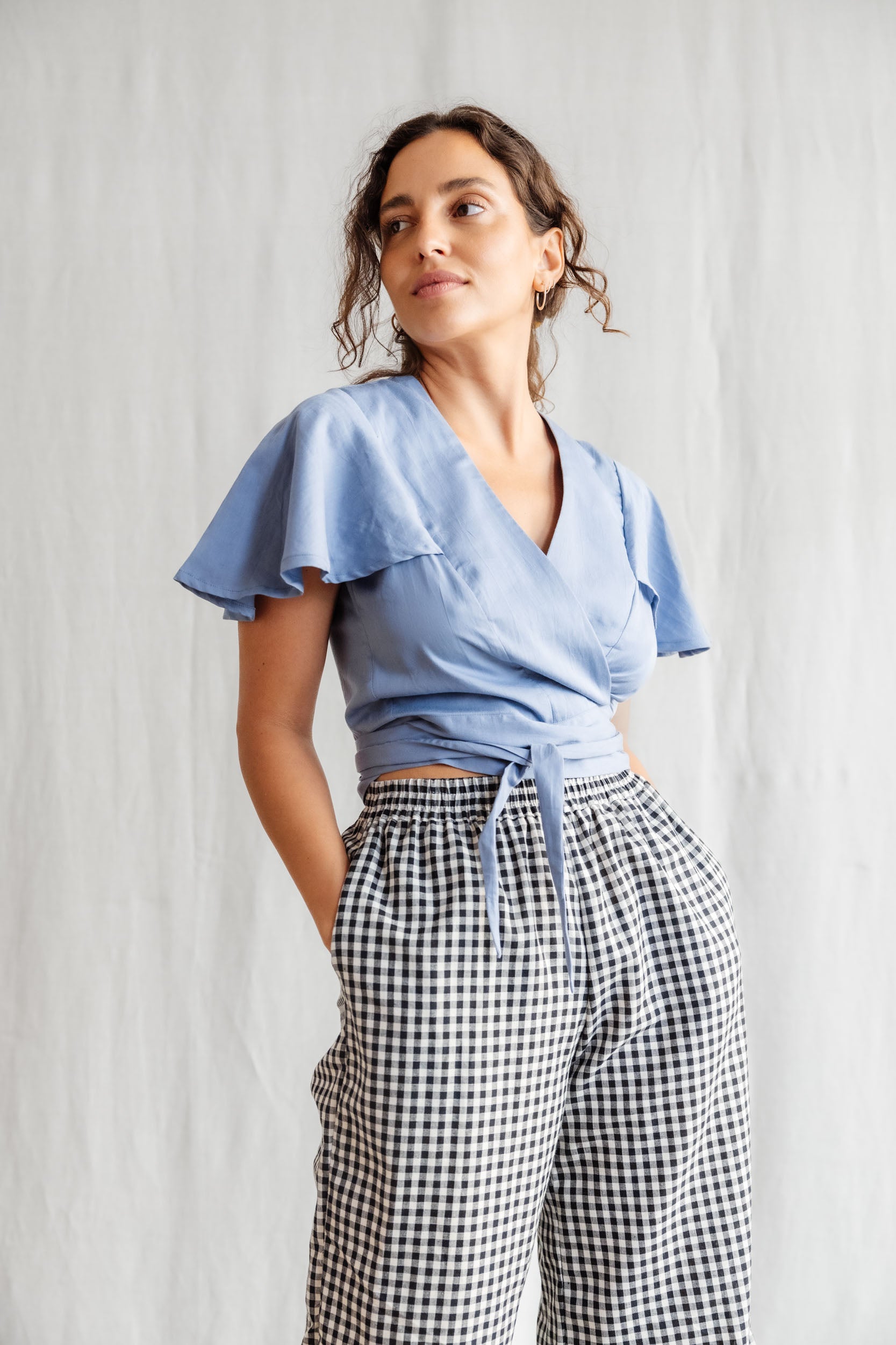 Organic Cotton Wrap Blouse Neeraj Satin Blue