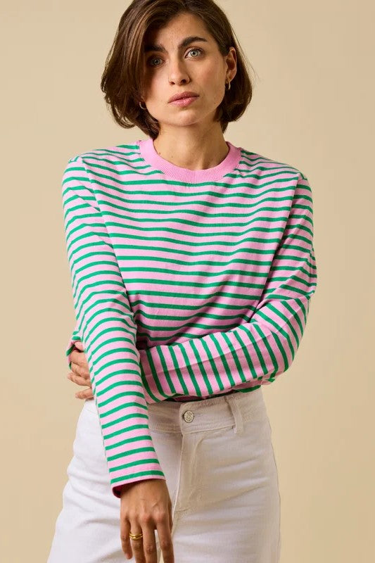 Popeia Baumwoll Longsleeve Streifen Pink/ Grün