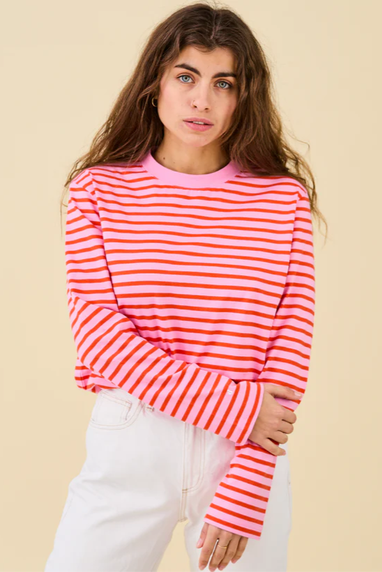 Popeia organic cotton long-sleeved striped shirt in pink/red