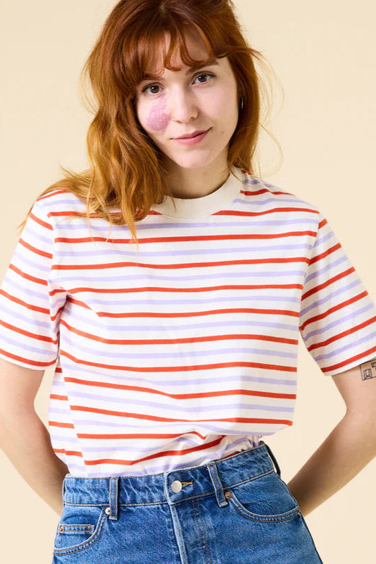 Popeia Bio-Baumwoll T-Shirt Streifen Rot/ Lila/ Weiß
