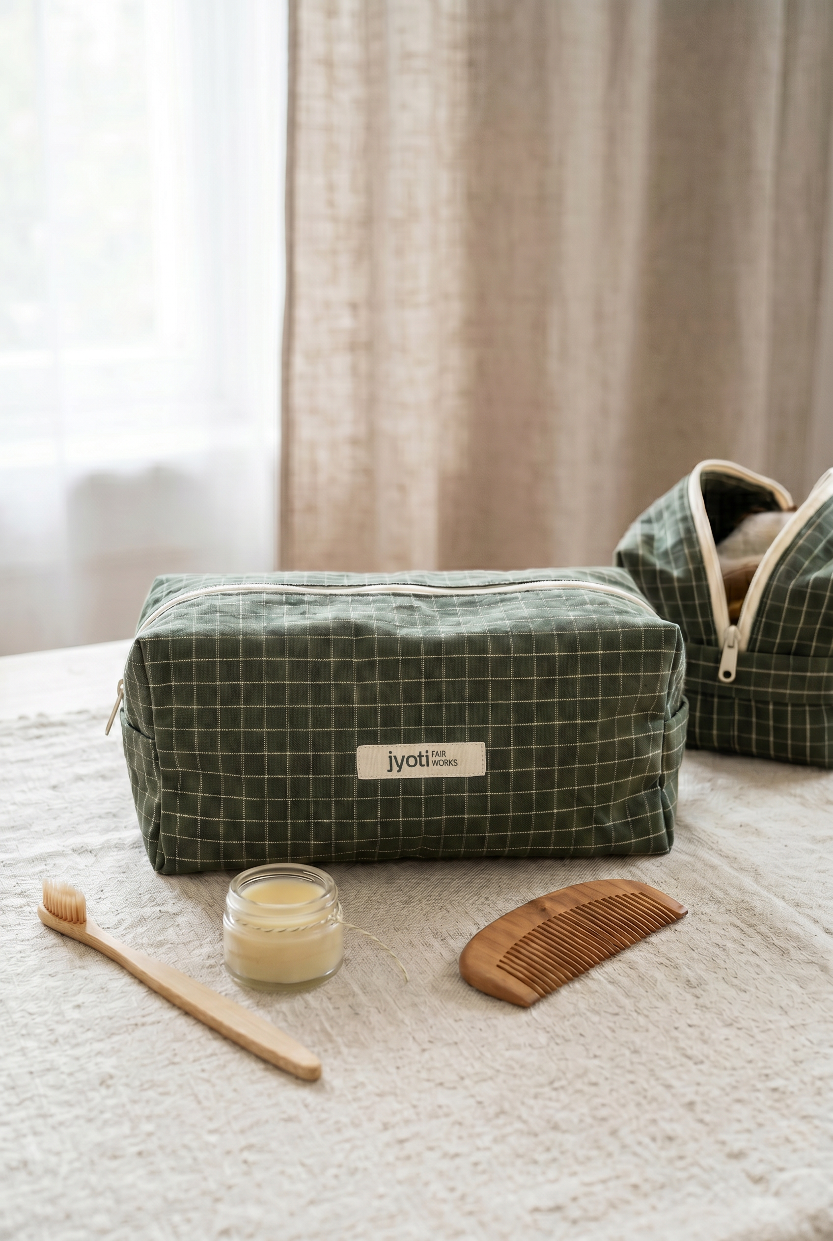 Baumwoll Kulturtasche Phavvaara Green Checks